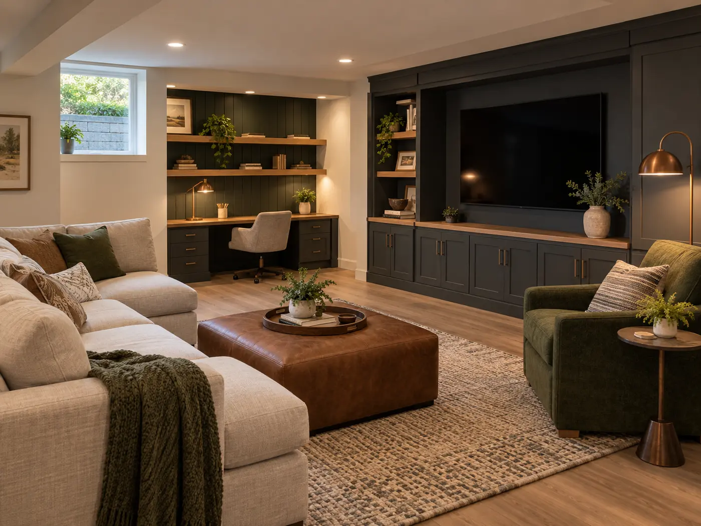 Fictional Monocacy Basement concept with family seating and a work nook