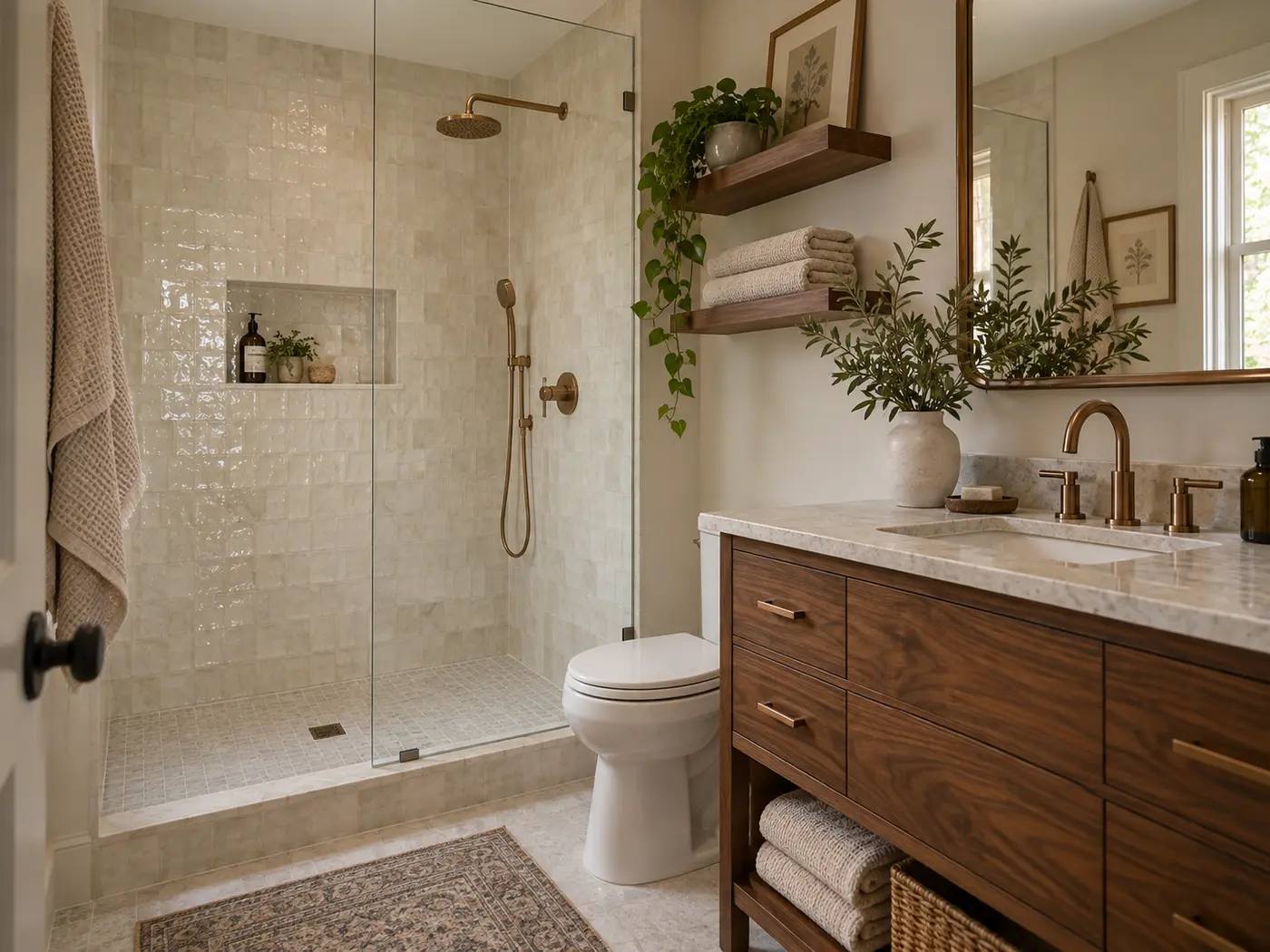 Fictional Braddock Heights Bath concept with ivory tile and walnut vanity